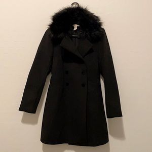 Black trench coat with faux fur collar